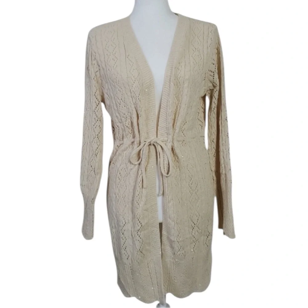 NKN Nekane Ecru Beige Sequin Knit Drawstring Waist Cardigan Small/Medium NWT